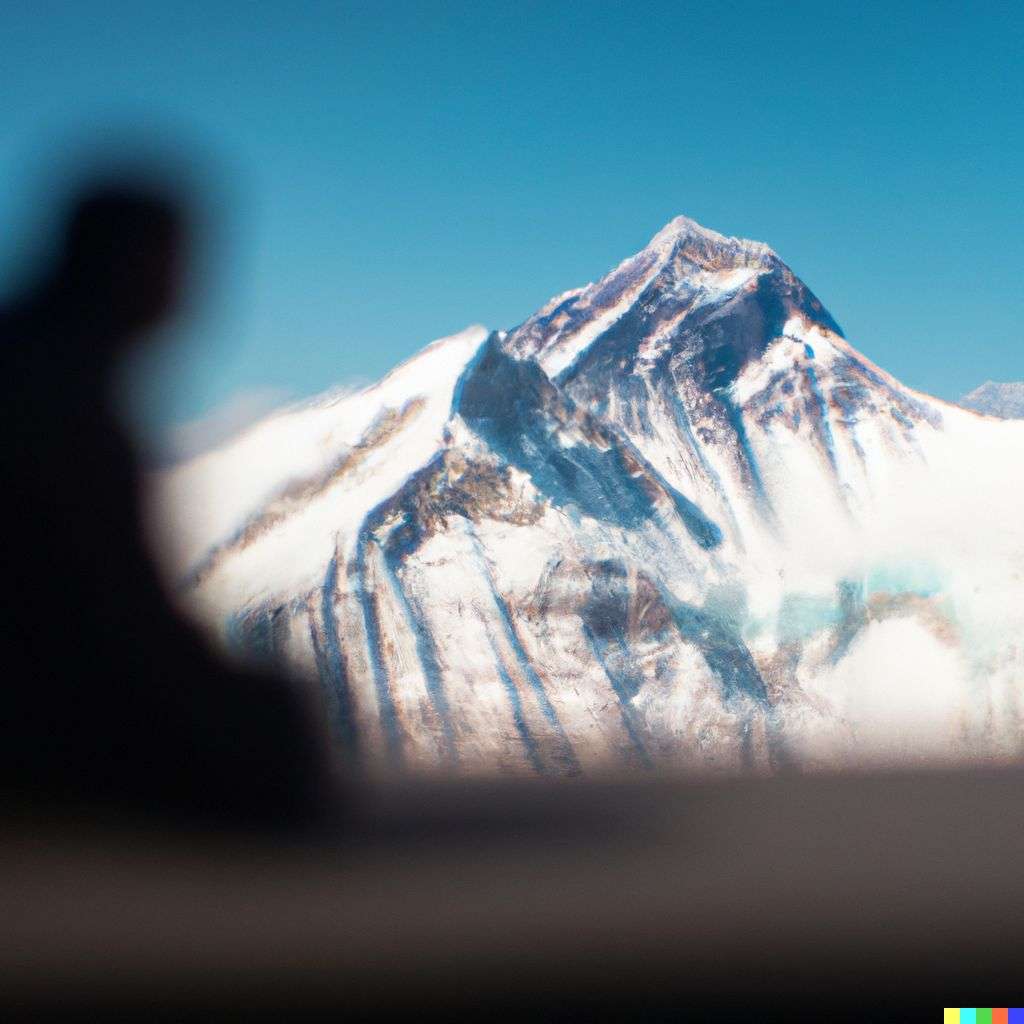 someone gazing at Mount Everest, photograph taken with a macro lens, 50mm